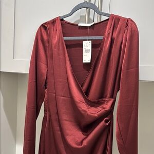 Red Midi Bodycon Dress with Long Bishop Sleeves and Plunge Neckline for Cocktail
